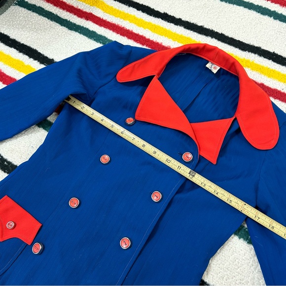 Vintage 60s/70s blue and red mini dress double breasted buttons with collar - Picture 2 of 11